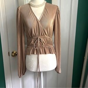 Sincerely Jules Shimmery Ribbed Tan Wrap Blouse small